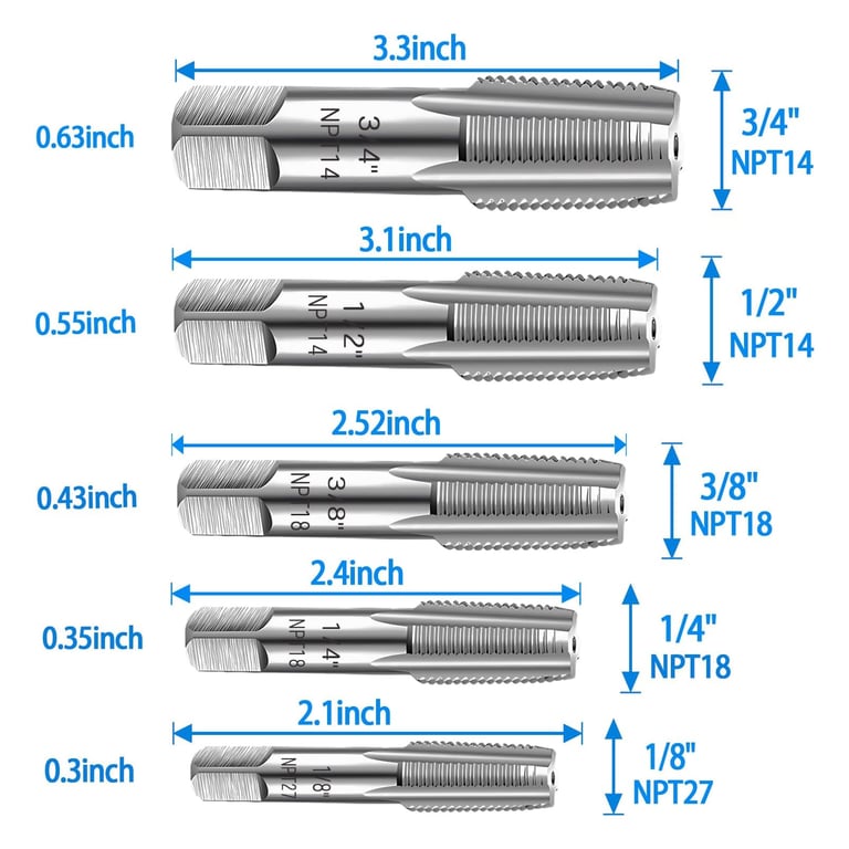 High-Speed Steel NPT Pipe Taps Set - 5 Sizes (3/4, 1/2, 3/8, 1/4, 1/8 inch) - Thread Forming Tap for Tight Fit - Comfortable Grip Handles - Precision Threading for Pipe Cleaning and Maintenance - Durable and Versatile Tool for Plumbers and DIY Enthusiasts