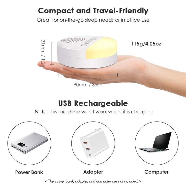 USB Rechargeable Baby White Noise Machine with Timed Shutdown and Night Light - Customizable Sleep Sound Player for Infants and Toddlers - Includes White Noise, Lullabies, and Nature Sounds - Adjustable Volume and Timer Feature for Peaceful Sleep - Travel-Friendly Soothing Sound Machine