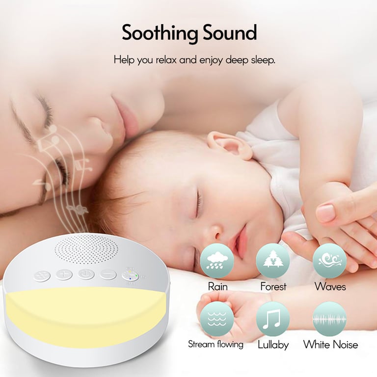 USB Rechargeable Baby White Noise Machine with Timed Shutdown and Night Light - Customizable Sleep Sound Player for Infants and Toddlers - Includes White Noise, Lullabies, and Nature Sounds - Adjustable Volume and Timer Feature for Peaceful Sleep - Travel-Friendly Soothing Sound Machine