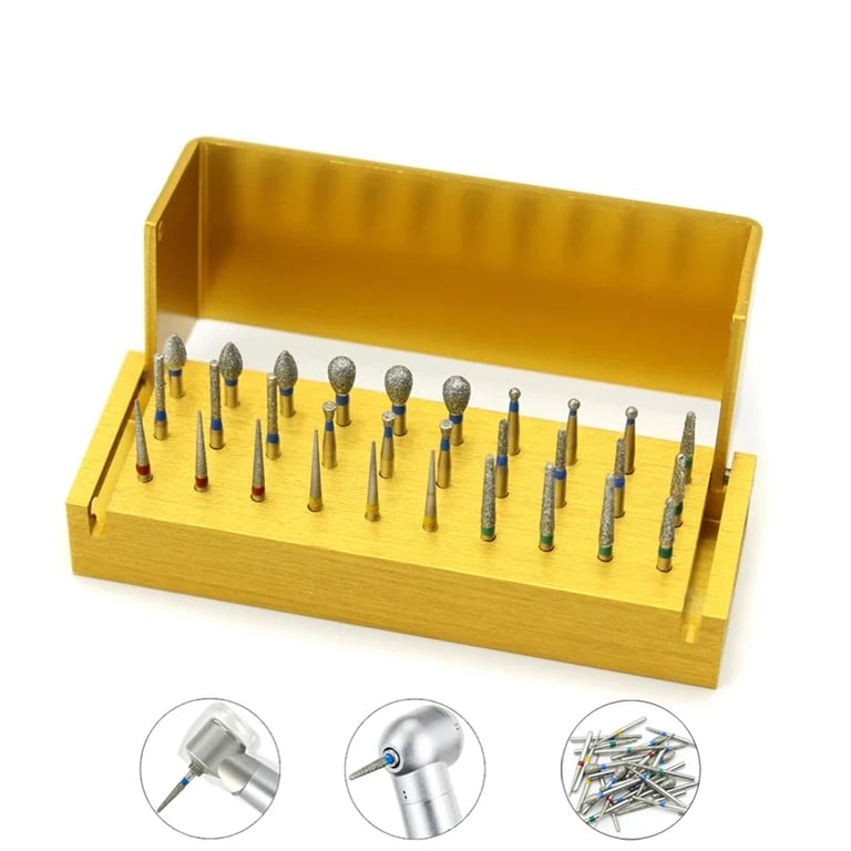 Premium Aluminium Dental Burs Set with Holder and Disinfection Box - 30 Pieces of High-Quality Diamond Burs for High-Speed Handpiece Turbines - Durable and Versatile Kit for Dental Professionals, Precision Cutting and Sterilization Included
