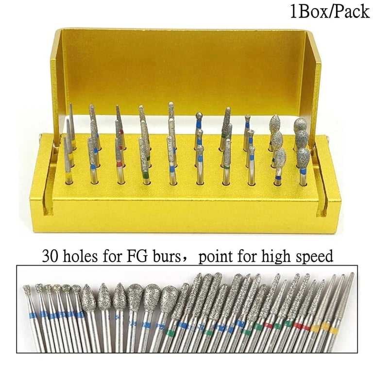 Premium Aluminium Dental Burs Set with Holder and Disinfection Box - 30 Pieces of High-Quality Diamond Burs for High-Speed Handpiece Turbines - Durable and Versatile Kit for Dental Professionals, Precision Cutting and Sterilization Included