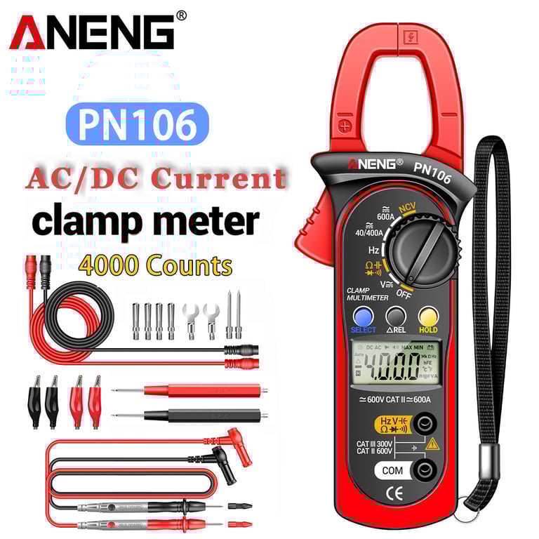 ANENG PN106 Clamp Meter Digital Multimeter - AC/DC Current, Voltage, Resistance, Continuity - Large LCD Display with Backlight - Overload Protection, Double Insulation - Auto Power-Off - Ergonomic Design with Clamp Feature, Rubberized Grip, Kickstand - Household, Automotive, HVAC, Industrial Use