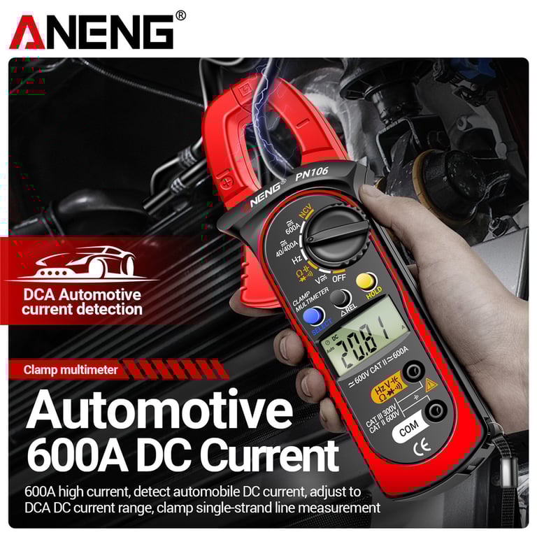 ANENG PN106 Clamp Meter Digital Multimeter - AC/DC Current, Voltage, Resistance, Continuity - Large LCD Display with Backlight - Overload Protection, Double Insulation - Auto Power-Off - Ergonomic Design with Clamp Feature, Rubberized Grip, Kickstand - Household, Automotive, HVAC, Industrial Use