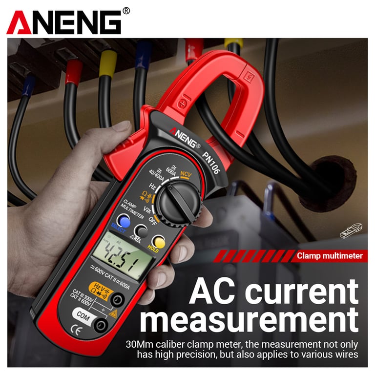 ANENG PN106 Clamp Meter Digital Multimeter - AC/DC Current, Voltage, Resistance, Continuity - Large LCD Display with Backlight - Overload Protection, Double Insulation - Auto Power-Off - Ergonomic Design with Clamp Feature, Rubberized Grip, Kickstand - Household, Automotive, HVAC, Industrial Use