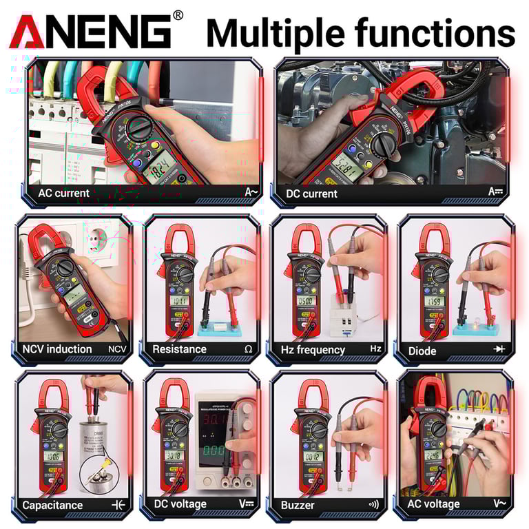 ANENG PN106 Clamp Meter Digital Multimeter - AC/DC Current, Voltage, Resistance, Continuity - Large LCD Display with Backlight - Overload Protection, Double Insulation - Auto Power-Off - Ergonomic Design with Clamp Feature, Rubberized Grip, Kickstand - Household, Automotive, HVAC, Industrial Use