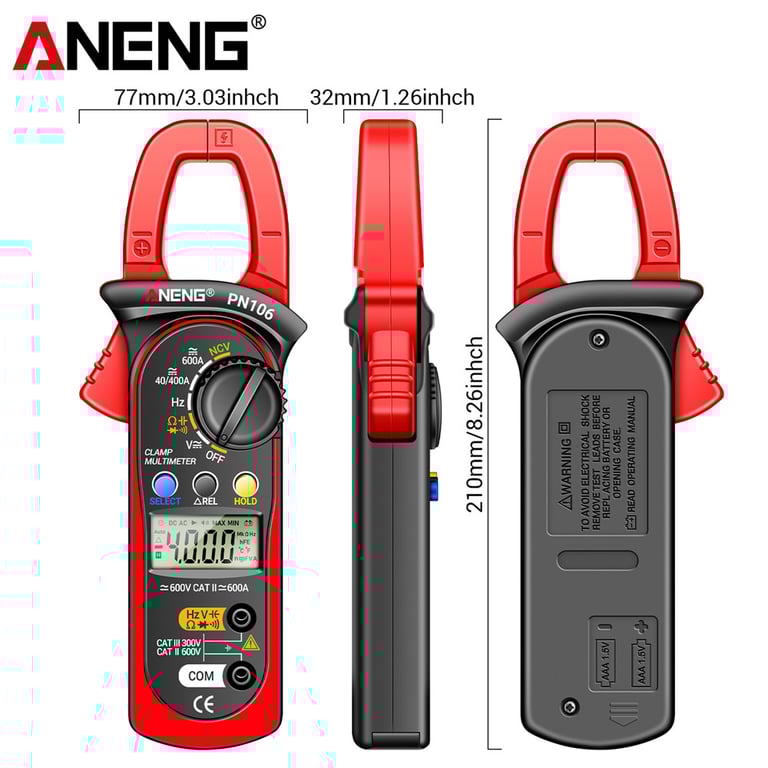 ANENG PN106 Clamp Meter Digital Multimeter - AC/DC Current, Voltage, Resistance, Continuity - Large LCD Display with Backlight - Overload Protection, Double Insulation - Auto Power-Off - Ergonomic Design with Clamp Feature, Rubberized Grip, Kickstand - Household, Automotive, HVAC, Industrial Use