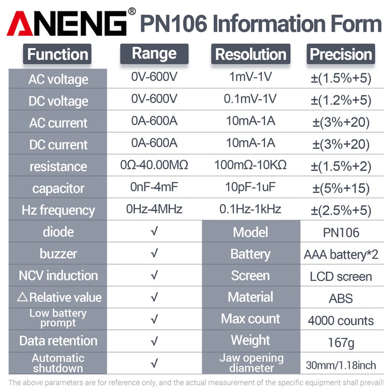 ANENG PN106 Clamp Meter Digital Multimeter - AC/DC Current, Voltage, Resistance, Continuity - Large LCD Display with Backlight - Overload Protection, Double Insulation - Auto Power-Off - Ergonomic Design with Clamp Feature, Rubberized Grip, Kickstand - Household, Automotive, HVAC, Industrial Use