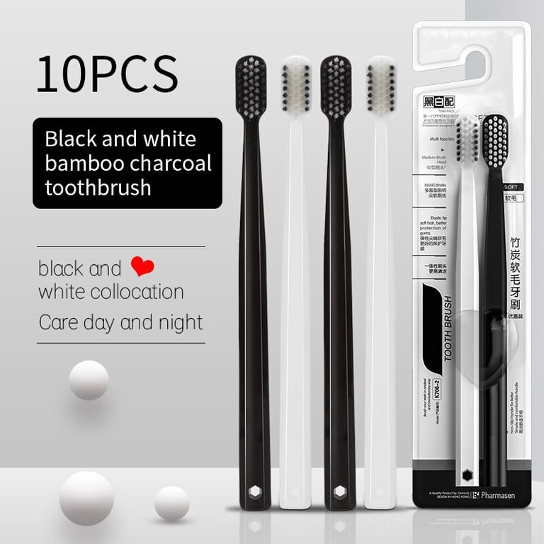 Eco-Friendly Bamboo Charcoal Toothbrushes - Family Set of 10 Soft Bristle Brushes for Adults and Kids - Antibacterial Black and White Design - Sustainable Oral Care Kit for Clean and Hygienic Teeth - Reduce Plastic Waste with Natural Bamboo Material