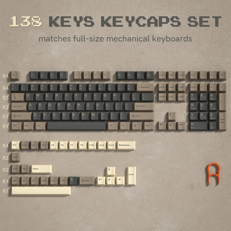 Womier 138 Keys Retro Brown Gray PBT Keycap Set | Cherry Profile Double Shot Keycaps for Cherry MX Switches | Durable, Vintage Design for Gaming and Typing | Complete 138 Key Layout for Customized Keyboard Setup