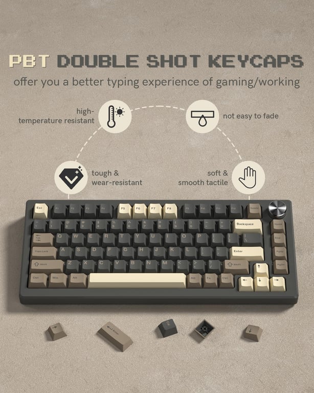 Womier 138 Keys Retro Brown Gray PBT Keycap Set | Cherry Profile Double Shot Keycaps for Cherry MX Switches | Durable, Vintage Design for Gaming and Typing | Complete 138 Key Layout for Customized Keyboard Setup