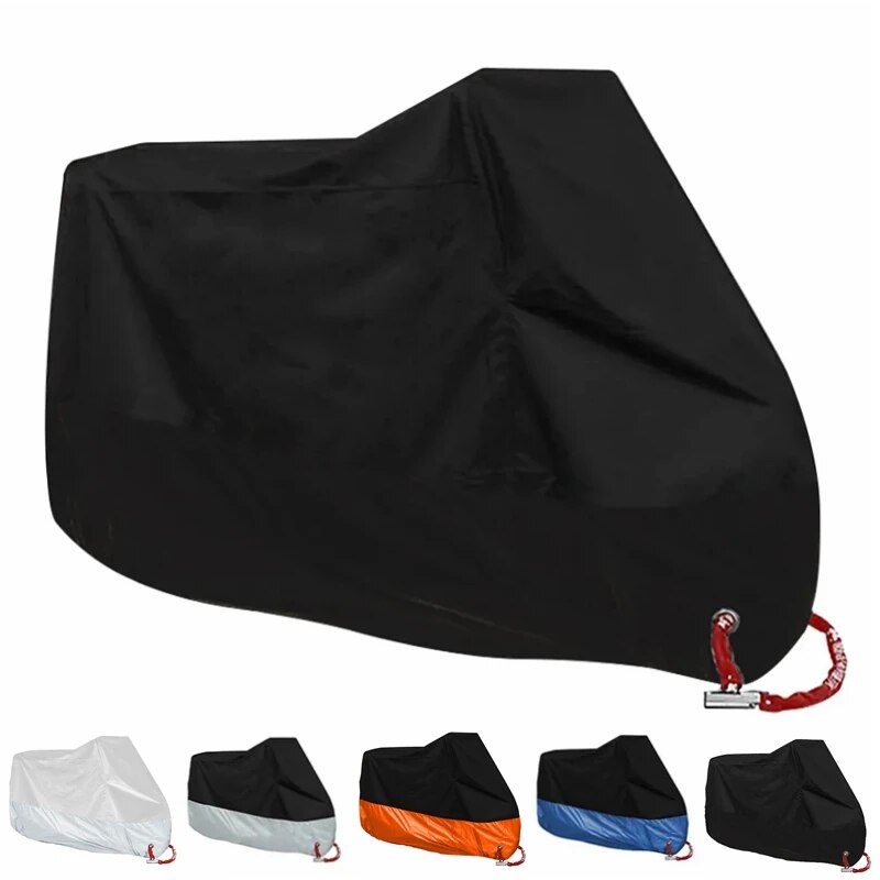 Waterproof All Season Motorcycle Cover with UV Protection - 190T Polyester Taffeta Fabric - Dust, Dirt, and Sun Rays Protection - Multiple Color Options - Double-Stitched Seams, Elastic Hems, Adjustable Buckles - Durable and Secure Motorbike Cover