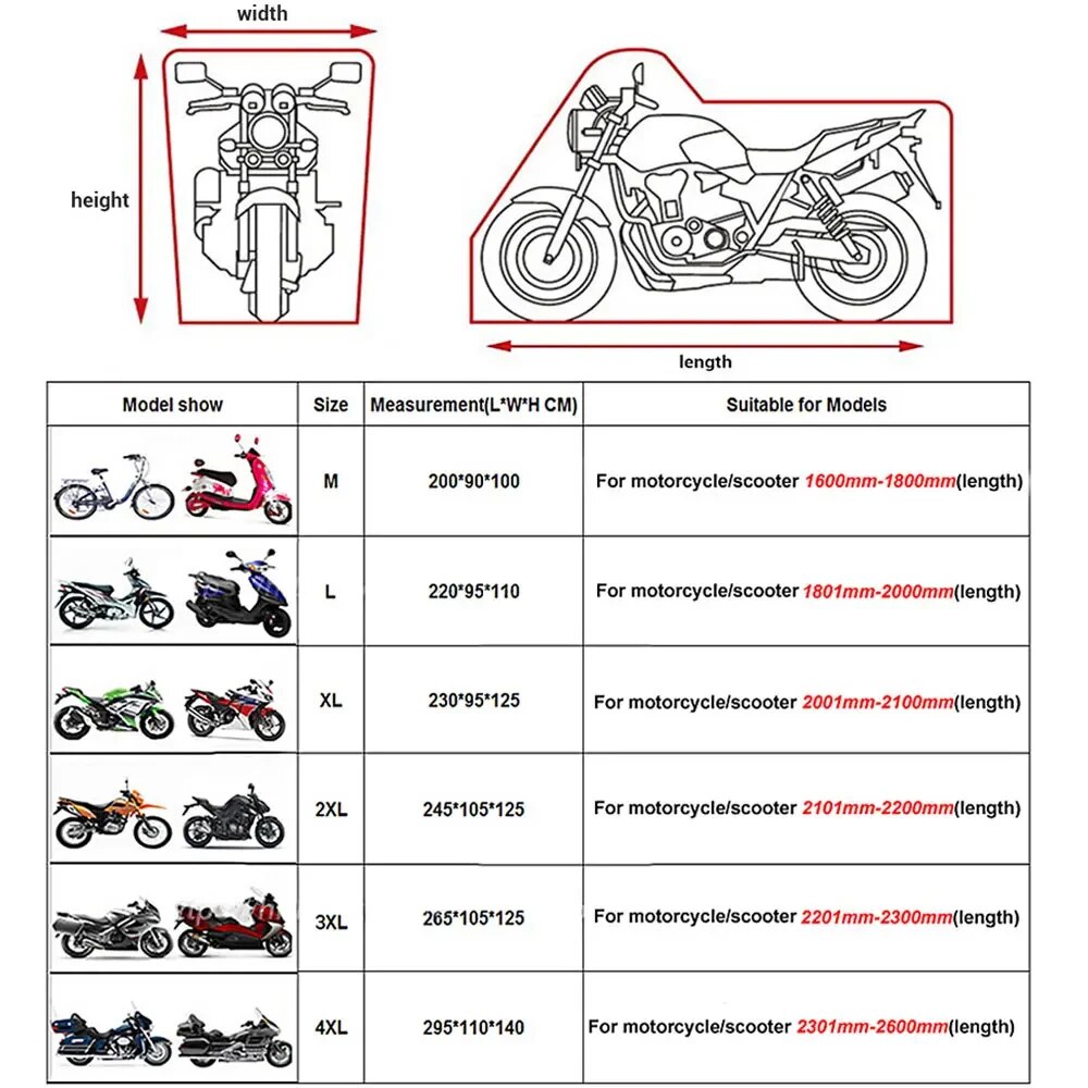 Waterproof All Season Motorcycle Cover with UV Protection - 190T Polyester Taffeta Fabric - Dust, Dirt, and Sun Rays Protection - Multiple Color Options - Double-Stitched Seams, Elastic Hems, Adjustable Buckles - Durable and Secure Motorbike Cover