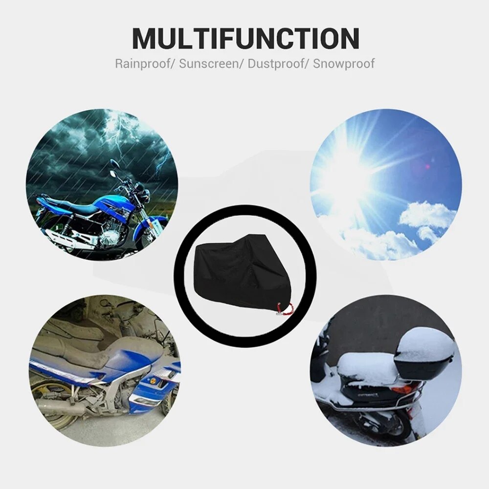 Waterproof All Season Motorcycle Cover with UV Protection - 190T Polyester Taffeta Fabric - Dust, Dirt, and Sun Rays Protection - Multiple Color Options - Double-Stitched Seams, Elastic Hems, Adjustable Buckles - Durable and Secure Motorbike Cover