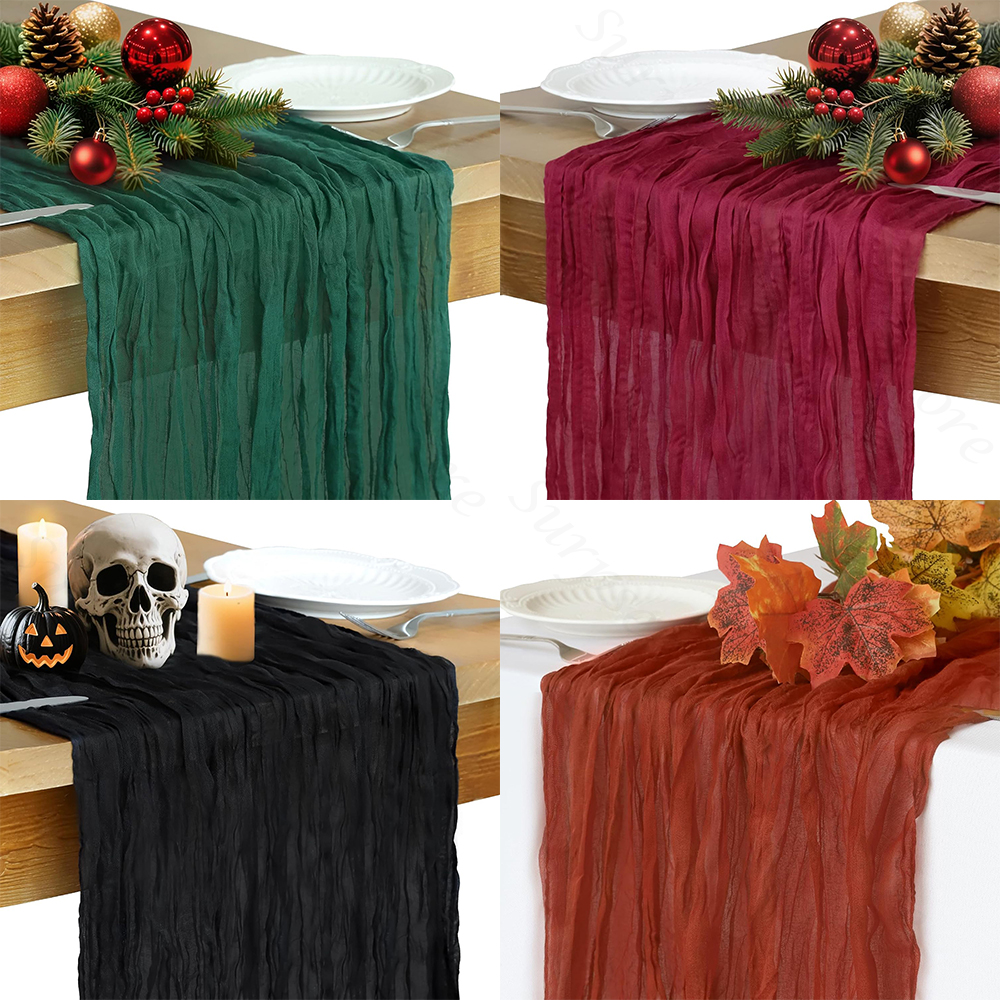 Boho Rustic Christmas Green Red Burgundy Cheesecloth Table Runner - Premium Terracotta Fabric - Festive and Cozy Holiday Decor - Versatile for Weddings, Parties, Birthdays - Generous X Feet Long - Easy to Clean Machine Washable - Durable and Elegant Dining Table Accent