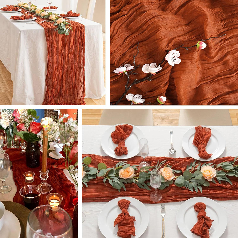 Boho Rustic Christmas Green Red Burgundy Cheesecloth Table Runner - Premium Terracotta Fabric - Festive and Cozy Holiday Decor - Versatile for Weddings, Parties, Birthdays - Generous X Feet Long - Easy to Clean Machine Washable - Durable and Elegant Dining Table Accent