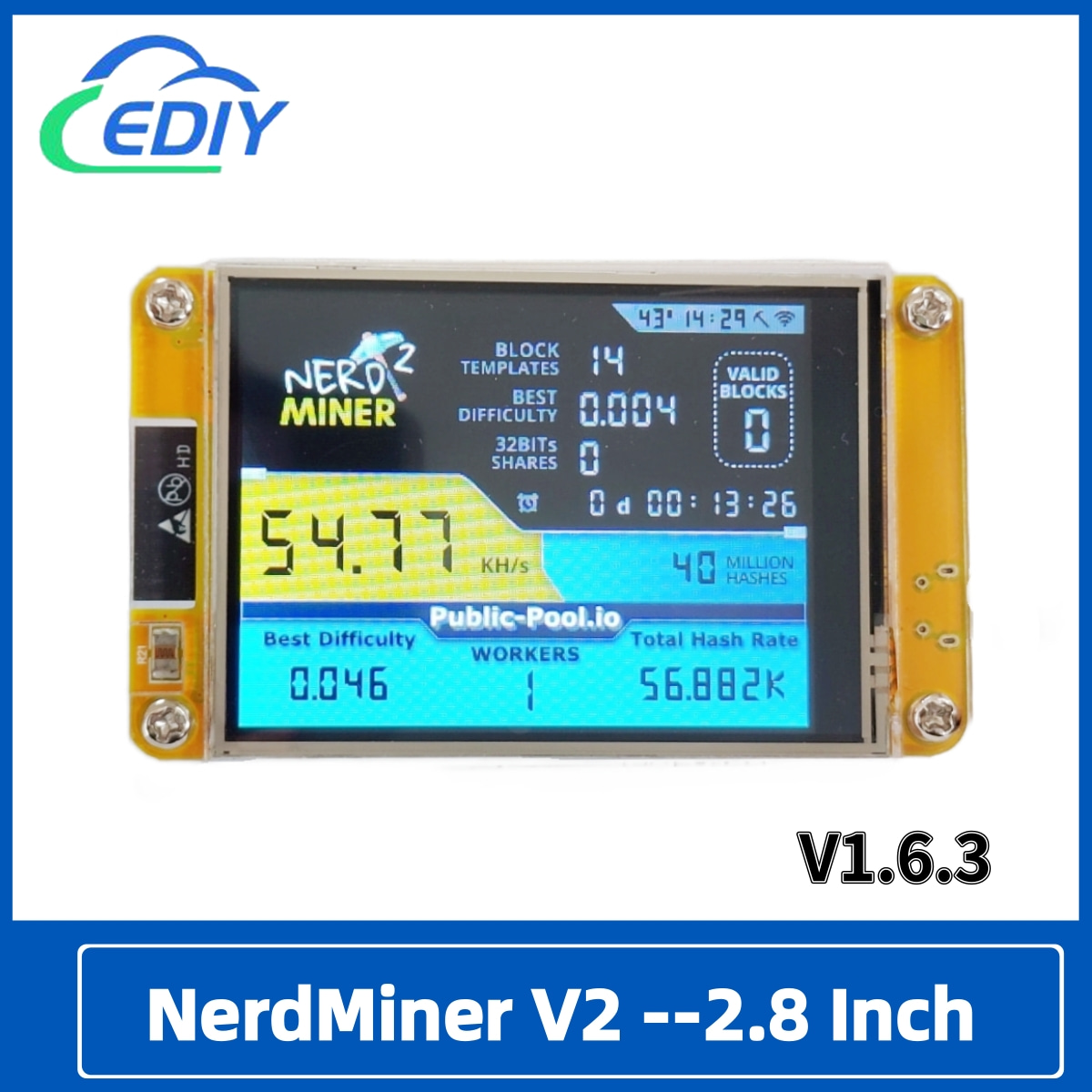 NerdMiner V2 High Hashrate Bitcoin Miner ESP32-2432S028R 49 k/S Smart Display Solo Mining Lottery Feature Compact Design