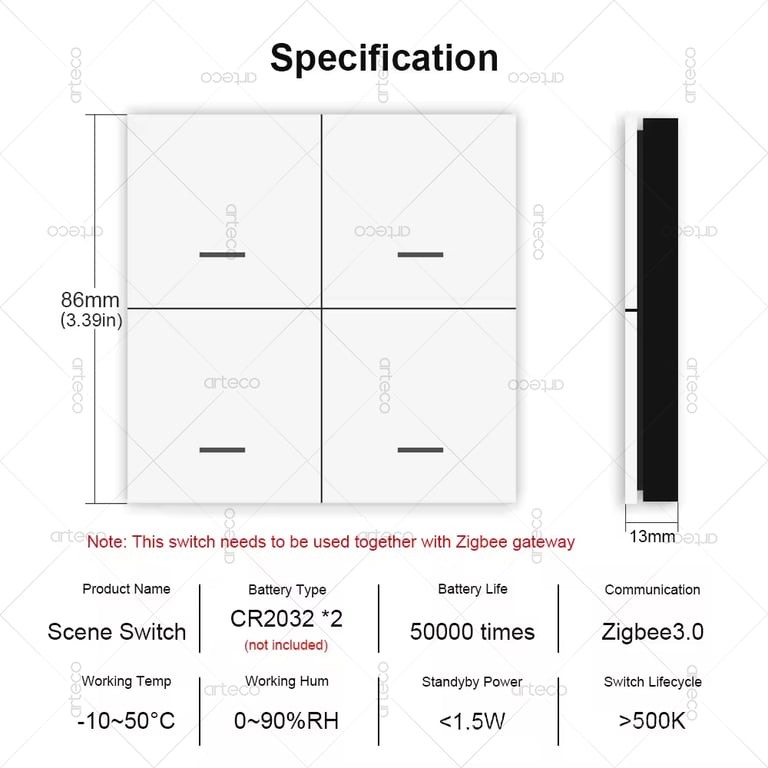 Tuya Zigbee Wireless Scene Switch Push Button Controller - Control 4 Scenes, Smart Life App Integration, Home Automation, Zigbee Technology, Compatible with Tuya Devices, Customize 12 Modes, Seamless Wireless Connectivity, Easy Set-Up, Enhanced Smart Home Control