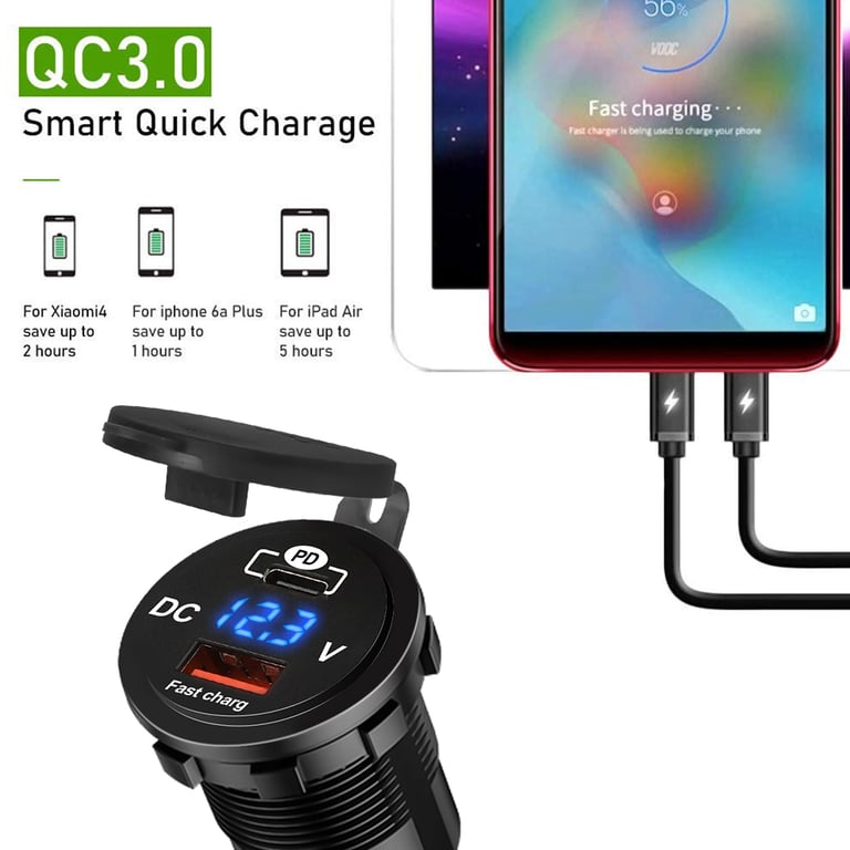 60W Car Charger Socket with Power Delivery and Quick Charge 3.0 Technology - Voltage Monitoring, Wide Application, Durable Design, and Sleek LED Display - Compatible with Smartphones, Tablets, Laptops - Overcurrent, Overvoltage, Short-Circuit Protection - Ideal for Vehicles, Motorcycles, Trucks, Boats