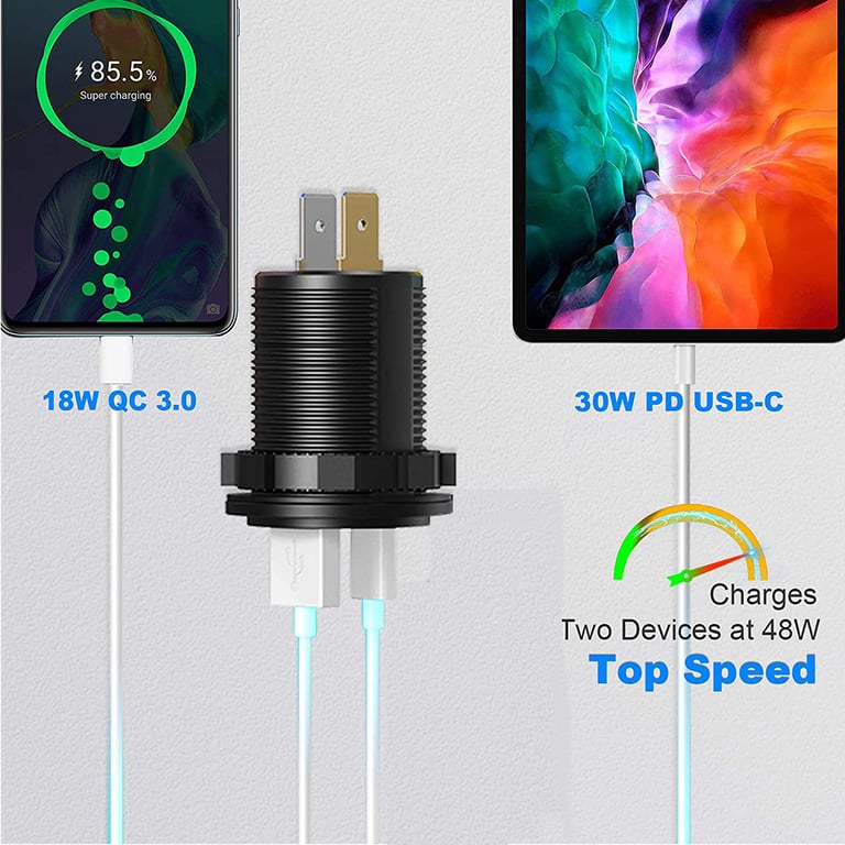 60W Car Charger Socket with Power Delivery and Quick Charge 3.0 Technology - Voltage Monitoring, Wide Application, Durable Design, and Sleek LED Display - Compatible with Smartphones, Tablets, Laptops - Overcurrent, Overvoltage, Short-Circuit Protection - Ideal for Vehicles, Motorcycles, Trucks, Boats