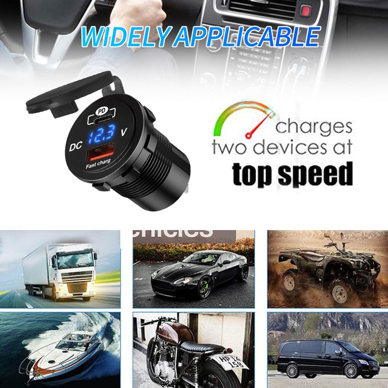 60W Car Charger Socket with Power Delivery and Quick Charge 3.0 Technology - Voltage Monitoring, Wide Application, Durable Design, and Sleek LED Display - Compatible with Smartphones, Tablets, Laptops - Overcurrent, Overvoltage, Short-Circuit Protection - Ideal for Vehicles, Motorcycles, Trucks, Boats