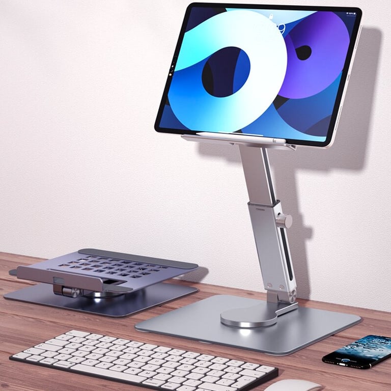 Premium Aluminum Tablet Stand with 360° Rotating Feature, Foldable Design, Adjustable Height and Angle - Compatible with iPad Pro, Xiaomi Tab, and More - Ergonomic Stand for Work and Leisure, Reducing Neck and Eye Strain - Modern and Durable Stand for Home Office or Workspace