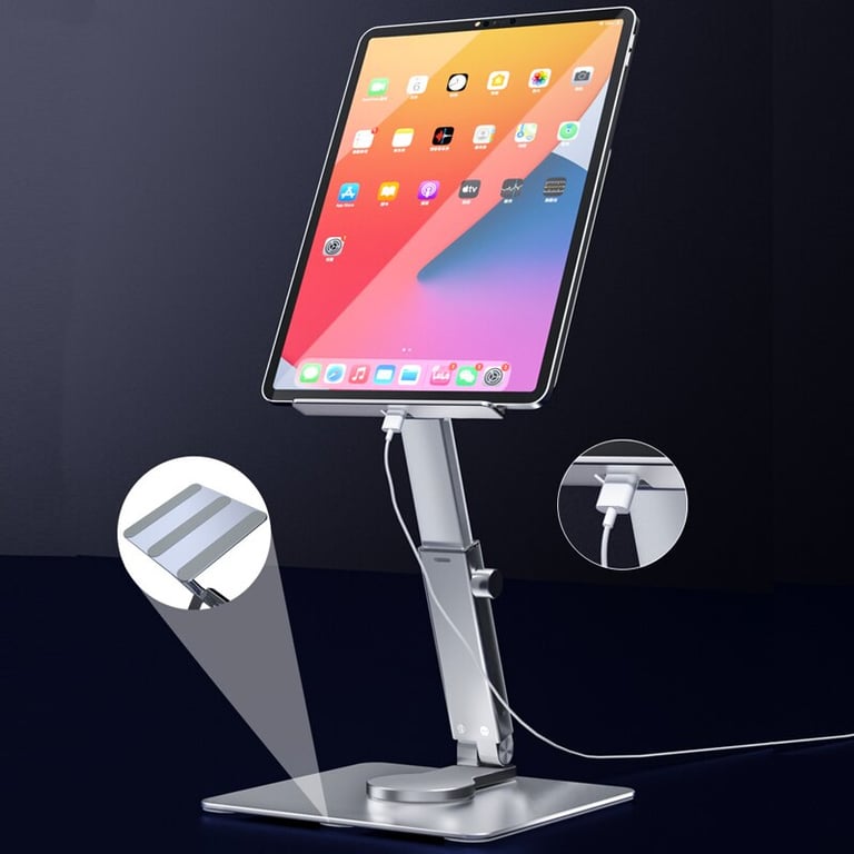 Premium Aluminum Tablet Stand with 360° Rotating Feature, Foldable Design, Adjustable Height and Angle - Compatible with iPad Pro, Xiaomi Tab, and More - Ergonomic Stand for Work and Leisure, Reducing Neck and Eye Strain - Modern and Durable Stand for Home Office or Workspace