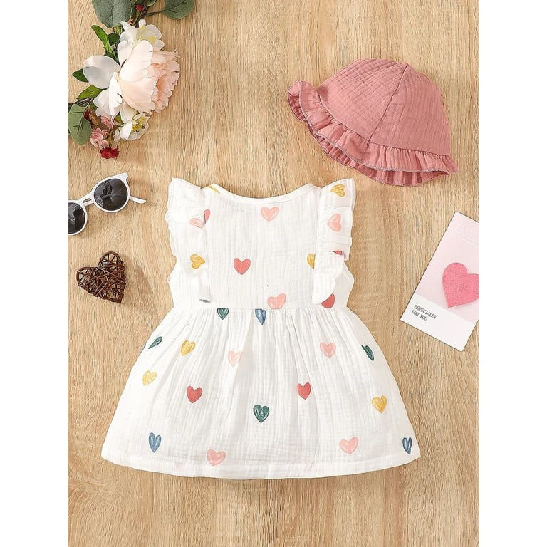 Adorable Love Print 2PCS Dress Clothes Set with Matching Hat for Newborn Baby Girls, Sleeveless Summer Outfit, High-Quality Fabric, Perfect for 0-9 Months, Cute and Comfortable Fashion Essential for Various Occasions