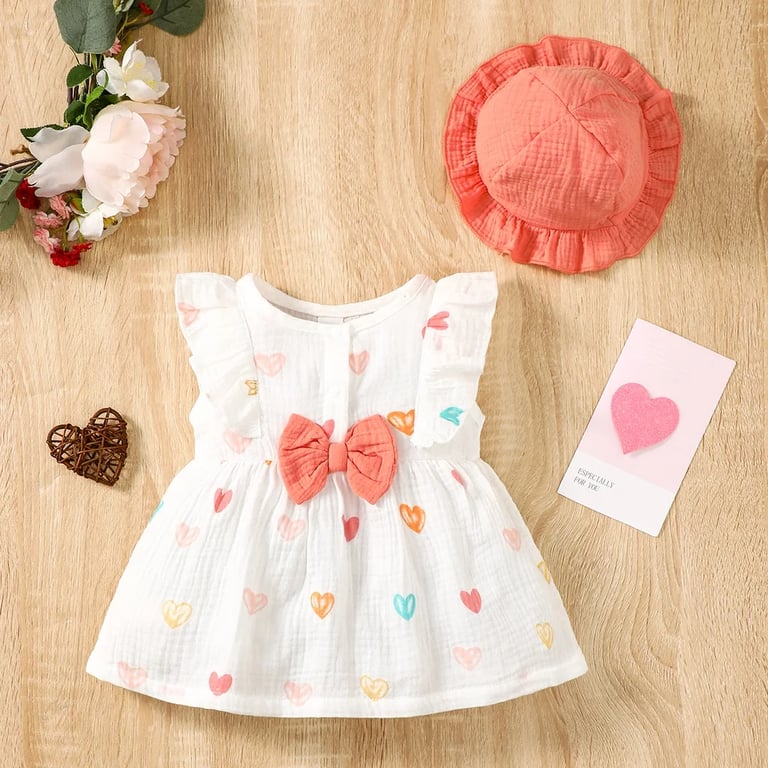 Adorable Love Print 2PCS Dress Clothes Set with Matching Hat for Newborn Baby Girls, Sleeveless Summer Outfit, High-Quality Fabric, Perfect for 0-9 Months, Cute and Comfortable Fashion Essential for Various Occasions