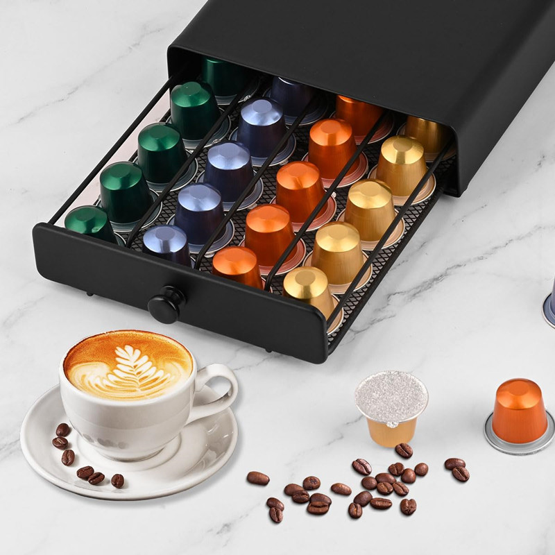 Modern Design Nespresso Pods Coffee Drawer Holder - Durable 40 Capsule Storage Rack for Organization and Display, Space-Saving Transparent Shelves, Easy to Clean, Stylish Band Design - Ideal for Home Kitchen Decor