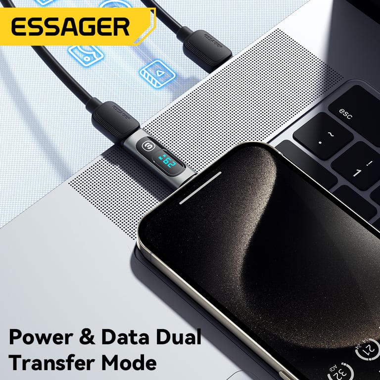 Essager 240W USB C Adapter with 100W Power Output, USB C to USB C 3.0/2.0 Connectors, OTG Functionality, Digital Display, and High-Speed Data Transfer for Macbook Pro, Air, Samsung Smartphones, Laptops, Tablets, and More