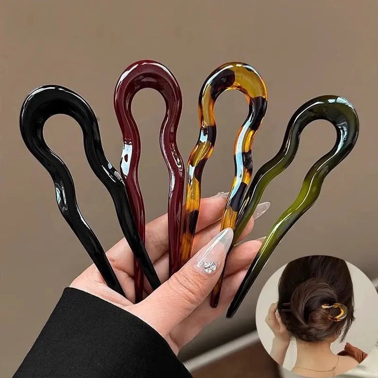 Vintage Tortoiseshell Acetate Acrylic U-Shaped Hair Fork with Geometric Pattern - Stylish and Durable Hair Stick for Women and Girls - Easy to Use Accessory for Various Hairstyles - Perfect for Casual and Formal Occasions - Secure Hold for All Hair Types and Textures