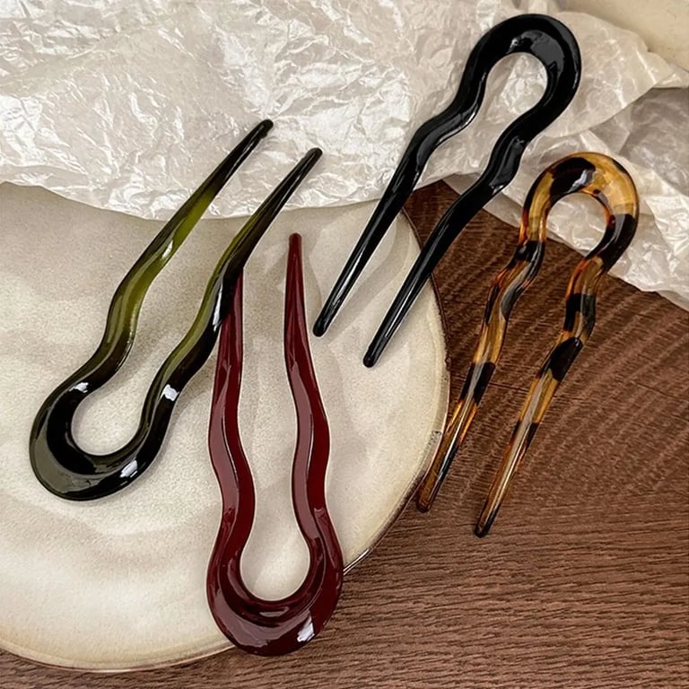 Vintage Tortoiseshell Acetate Acrylic U-Shaped Hair Fork with Geometric Pattern - Stylish and Durable Hair Stick for Women and Girls - Easy to Use Accessory for Various Hairstyles - Perfect for Casual and Formal Occasions - Secure Hold for All Hair Types and Textures