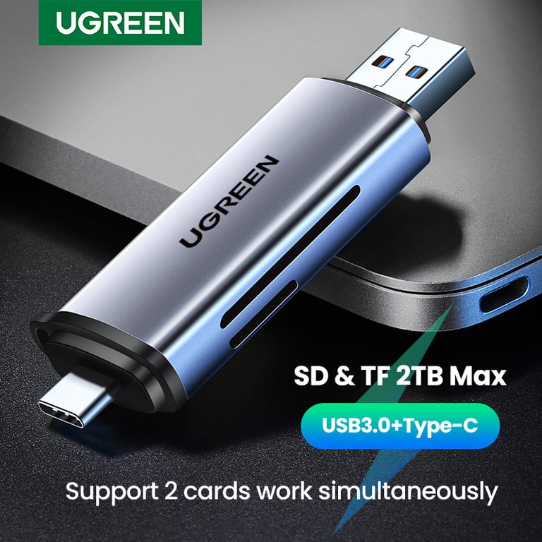 UGREEN Card Reader USB 3.0/USB C High-Speed Data Transfer for SD/MicroSD/TF Cards, Thunderbolt 3 Compatible, Compact & Portable Smart Memory Card Reader with SD Card Adapter for PC/Laptop/Gadgets - Travel-Friendly Plug-and-Play Access to Files