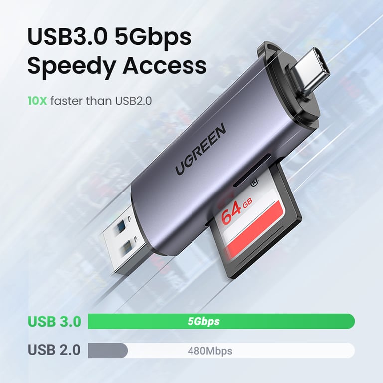 UGREEN Card Reader USB 3.0/USB C High-Speed Data Transfer for SD/MicroSD/TF Cards, Thunderbolt 3 Compatible, Compact & Portable Smart Memory Card Reader with SD Card Adapter for PC/Laptop/Gadgets - Travel-Friendly Plug-and-Play Access to Files