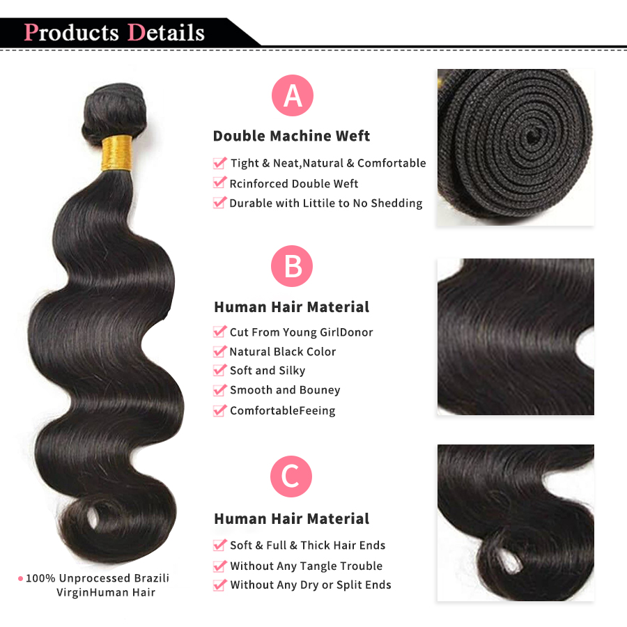 Soft and Silky Natural Black Brazilian Hair Weave Bundles - Body Wave Design for Glamorous and Natural Look - Long-Lasting and Durable Hair Extensions - Easy to Install and Style - 1, 3, or 4 PCS Bundles Available for Customized Volume and Thickness