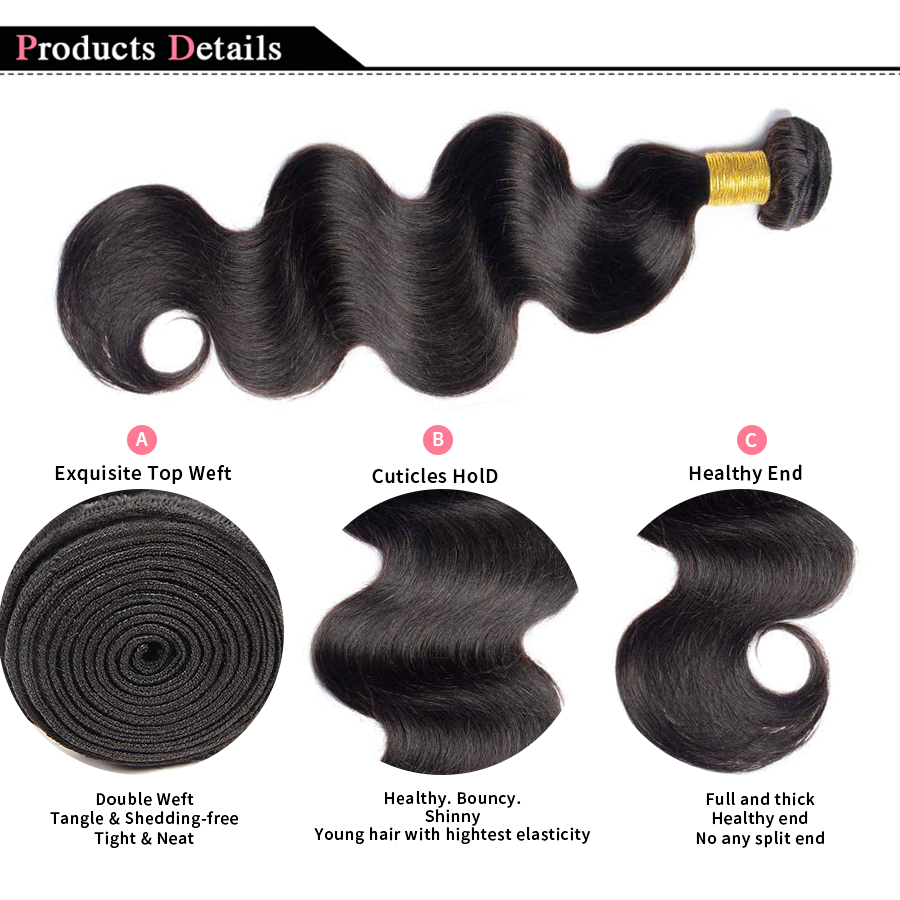 Soft and Silky Natural Black Brazilian Hair Weave Bundles - Body Wave Design for Glamorous and Natural Look - Long-Lasting and Durable Hair Extensions - Easy to Install and Style - 1, 3, or 4 PCS Bundles Available for Customized Volume and Thickness