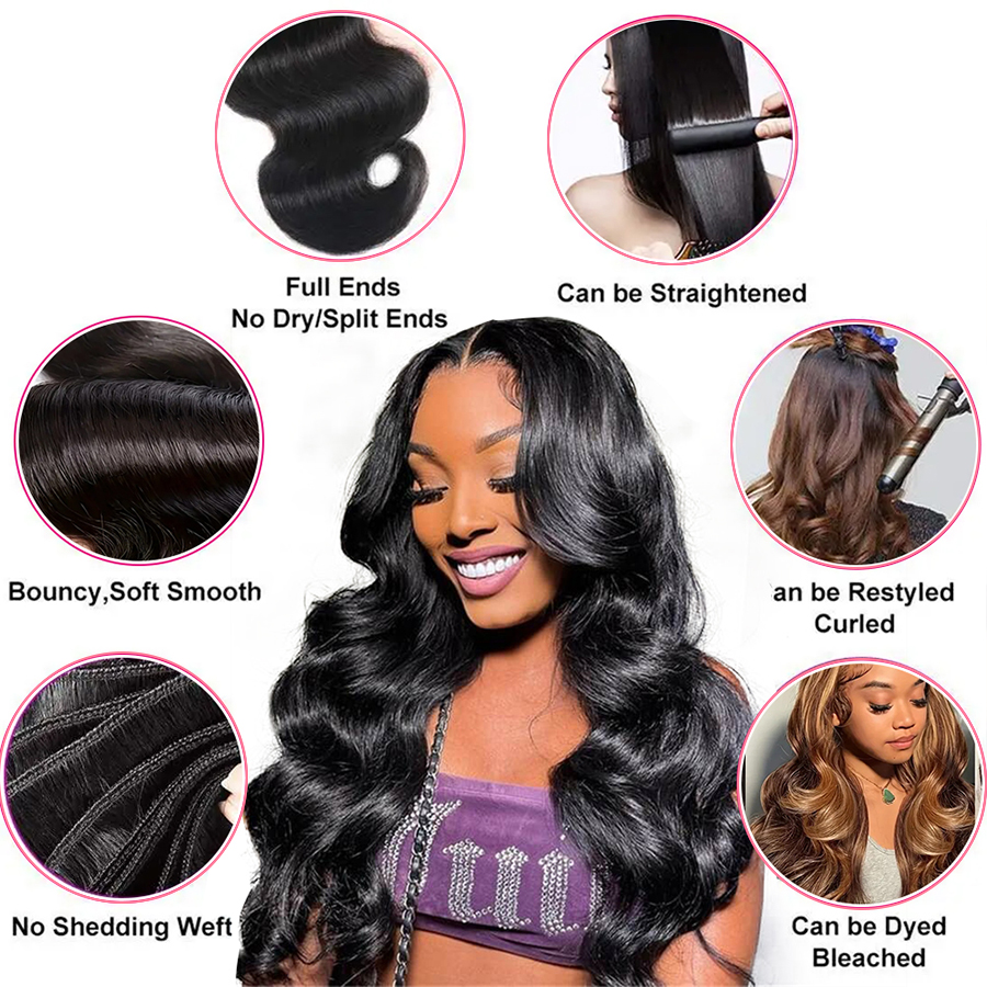 Soft and Silky Natural Black Brazilian Hair Weave Bundles - Body Wave Design for Glamorous and Natural Look - Long-Lasting and Durable Hair Extensions - Easy to Install and Style - 1, 3, or 4 PCS Bundles Available for Customized Volume and Thickness