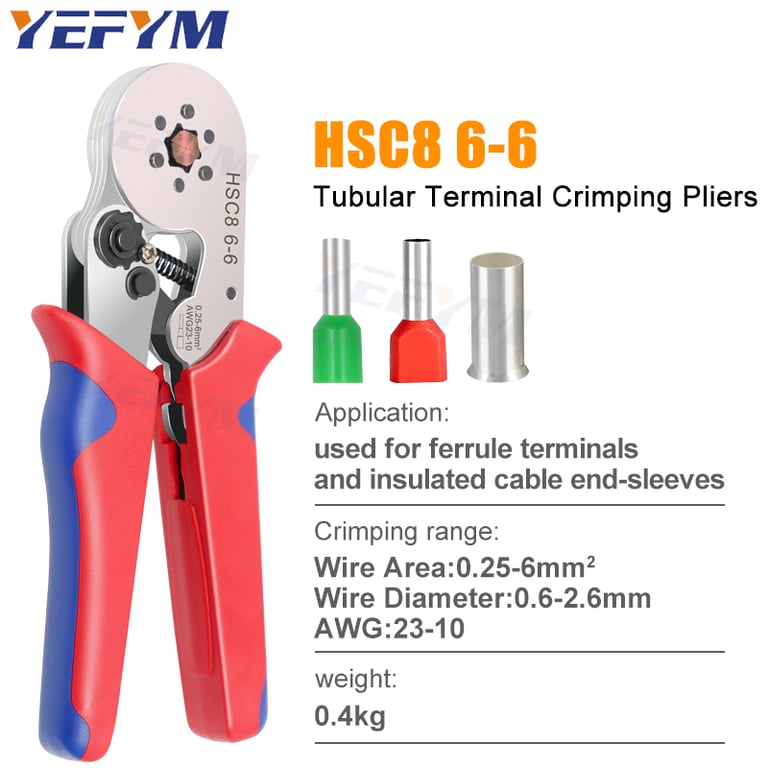 High-Quality Ferrule Crimping Tool HSC8 6-4/6-6 for Precision Wire End Crimping - Ergonomic Electrical Crimper Plier for Professionals and DIY Enthusiasts - Versatile and Portable Tool for Automotive, Industrial, and Household Electrical Repairs